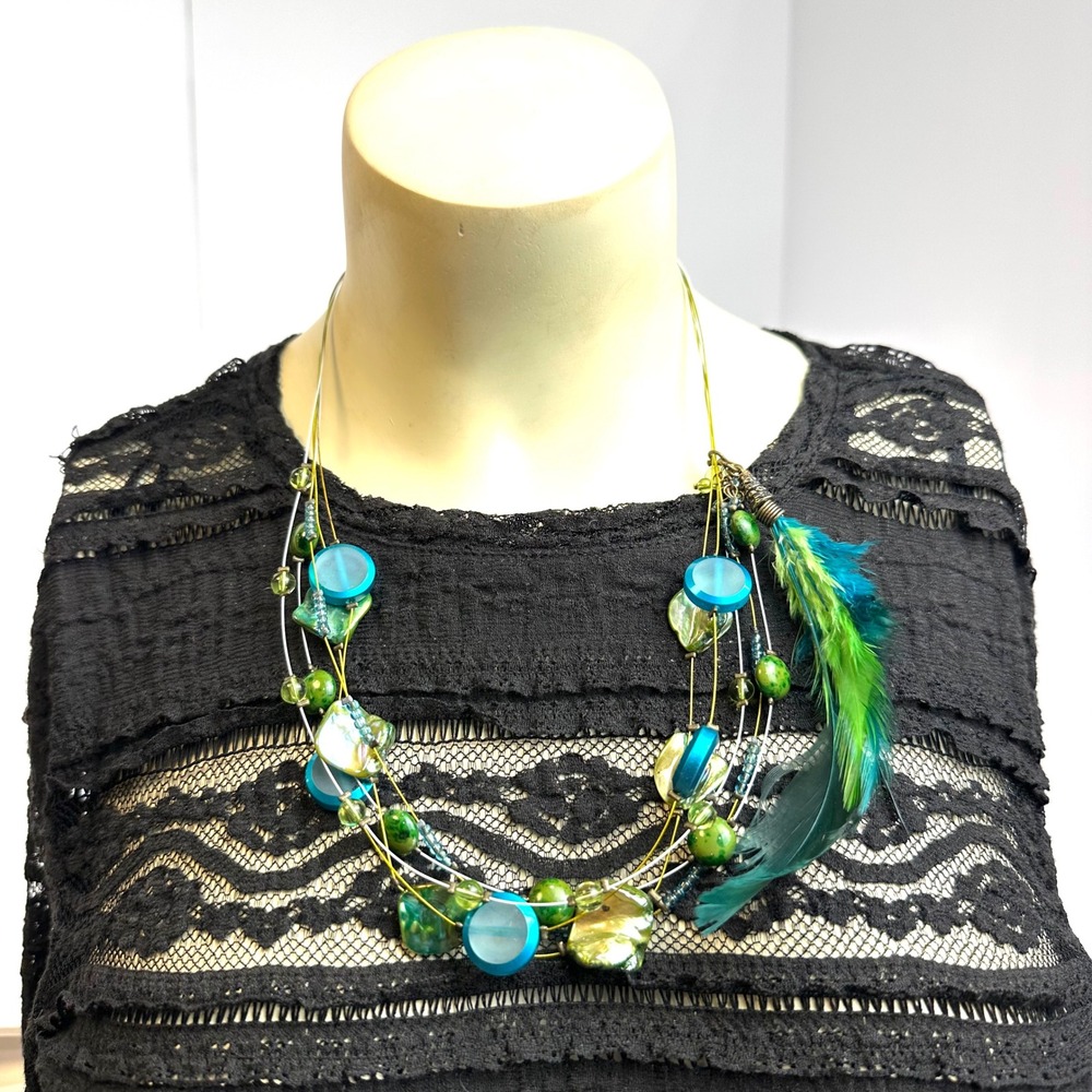 Boho Multi Strand Feather Necklace Turquoise Green Shell Bead Layered Statement